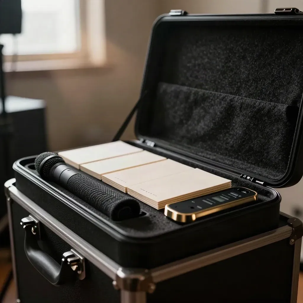 Offenes Speaker-Set mit Cue Cards, Timer und Mikrohülle auf dunklem Filz.